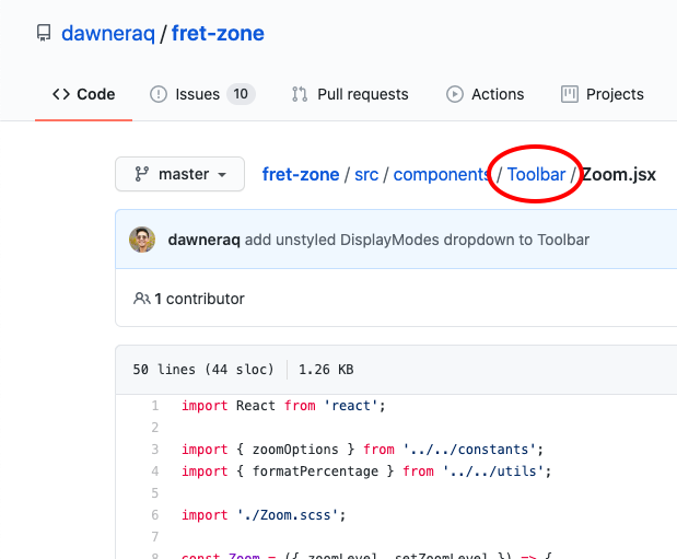 Screenshot from GitHub showing the file in question, `Zoom.jsx`. The parent folder name on GitHub is `Toolbar` with a lowercase 'b'.