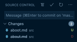 Screenshot from Visual Studio Code's Source Control sidebar. The changes detected are that the file `about.md` has been deleted, and the file `aboot.md` has been added.