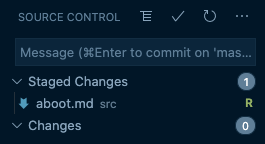 Screenshot from Visual Studio Code's Source Control sidebar. The change detected, which has been staged, is that some file was renamed to `aboot.md`.
