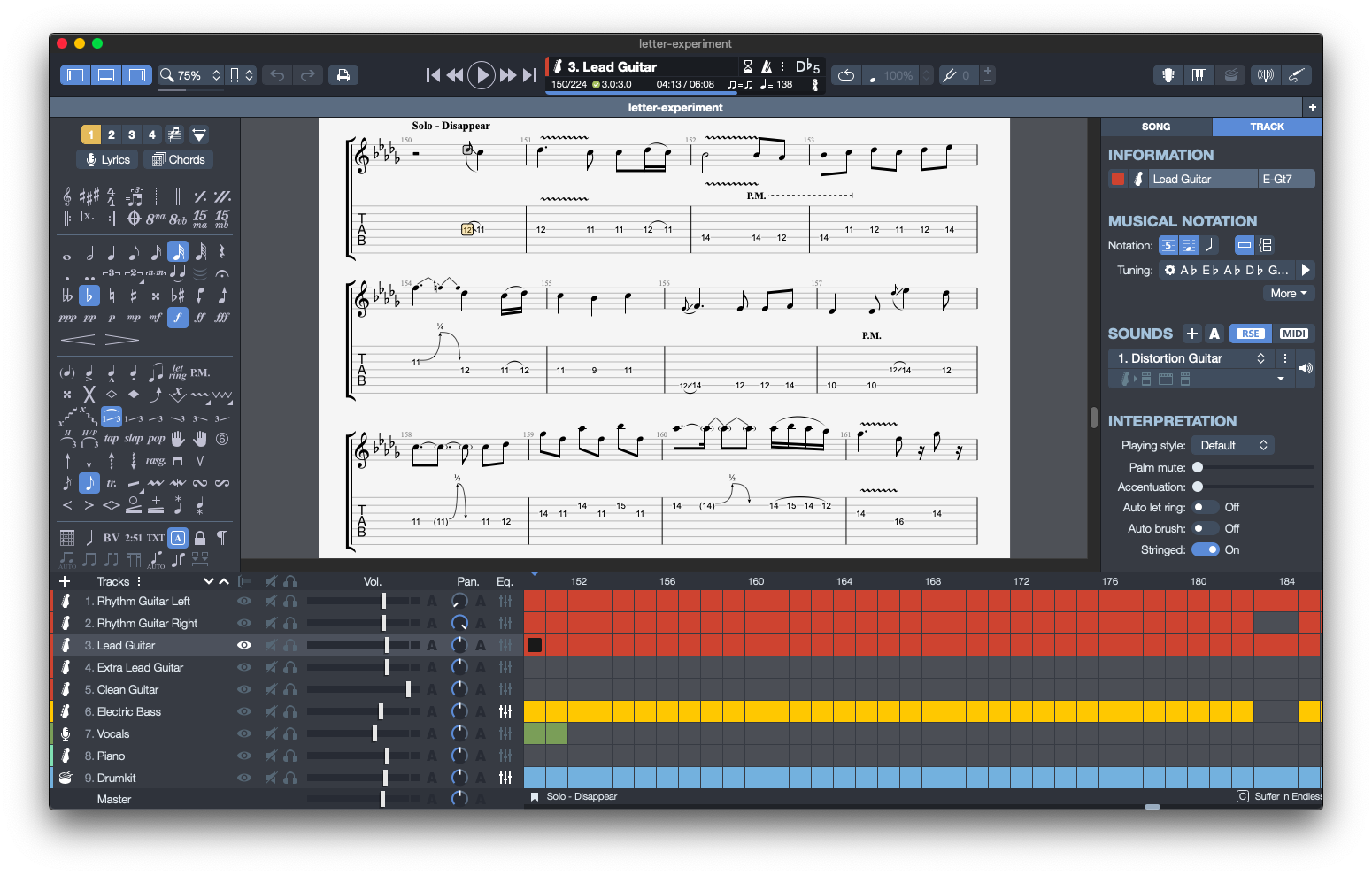 Screenshot of Guitar Pro 7. The opened document shows the guitar solo for 'Letter Experiment' by Periphery. The left sidebar shows numerous musical articulations, and the lower menu bar shows that several other tracks like vocals and drums have also been transcribed.